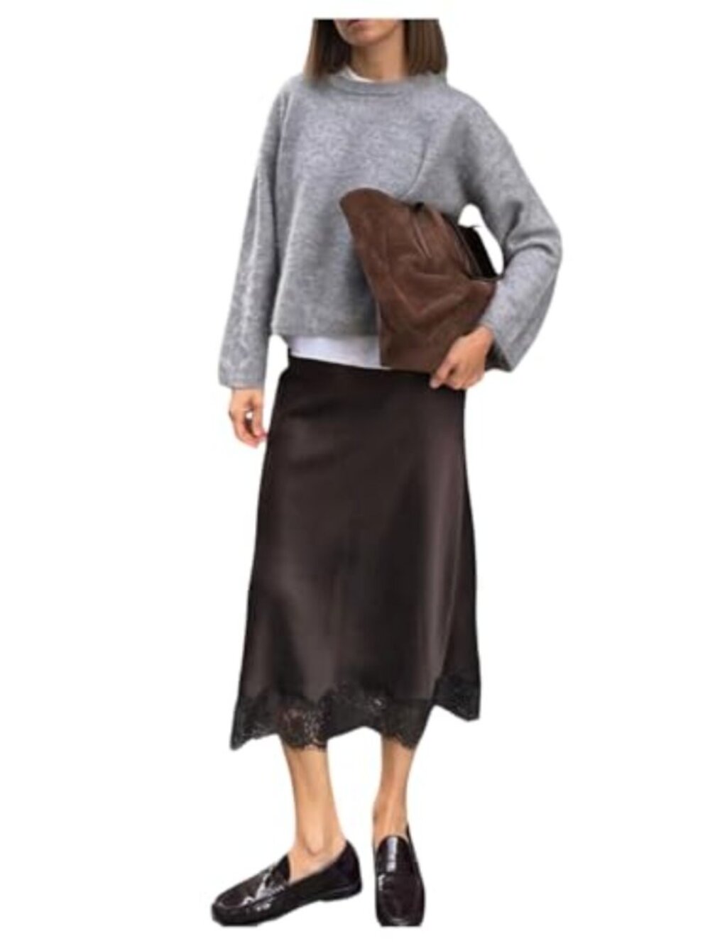 Elegant Satin Pencil Midi Skirt with Lace Trim - High Waisted Long Skirt,